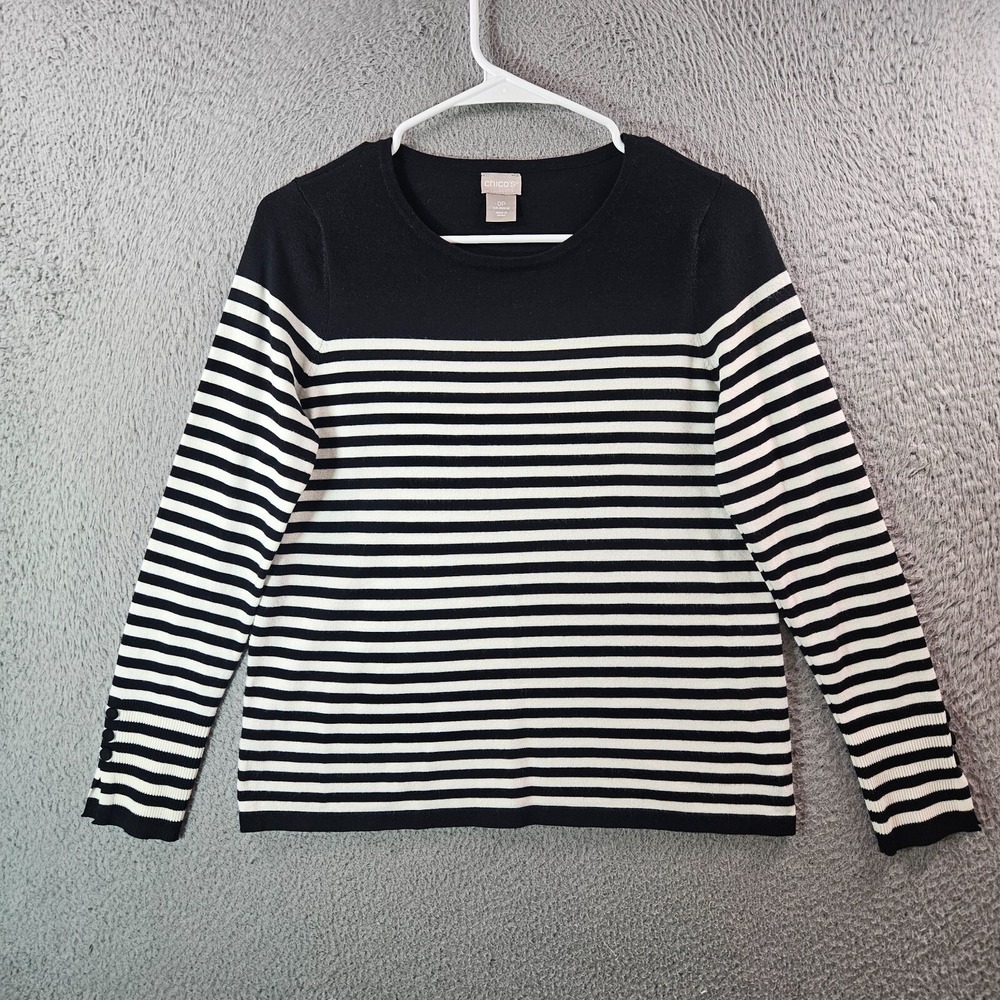 Chico's Knit Top Women O‎ Petite Small Stretch White Black Striped